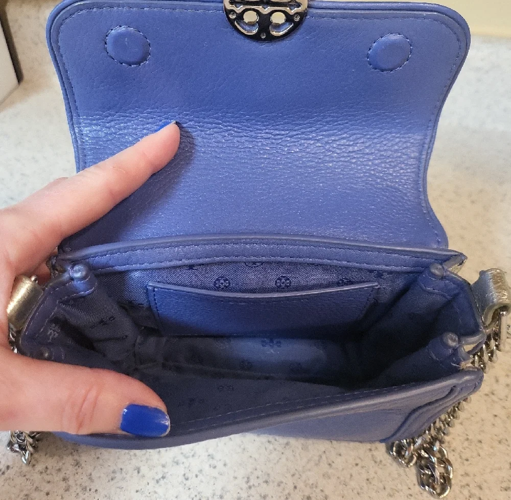 Tory Burch Duet Chain Micro shoulder purse bag in Marlon blue pebbled leather - Picture 10 of 15